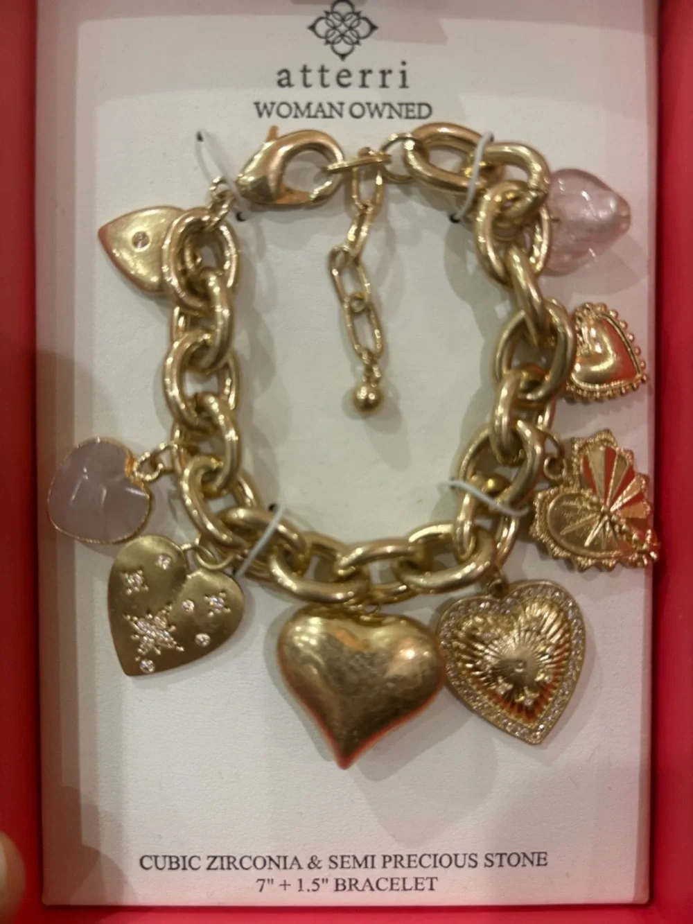 Atterri Gold Heart Charm Bracelet with Pink Accents